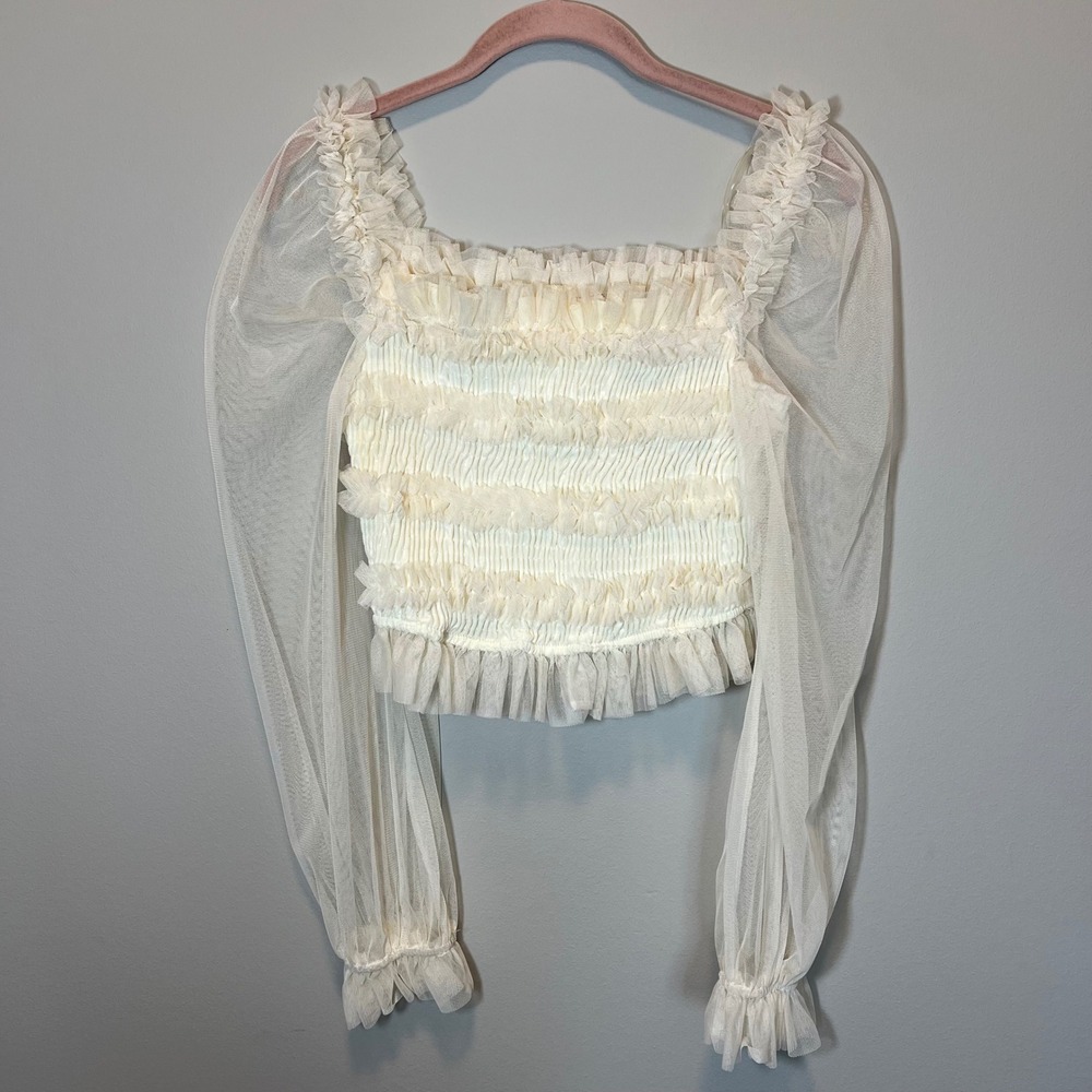 Mele E Pere Cream Smocked Tulle Mesh Ruffle Crop Top Long‎ Sleeve Medium